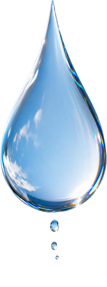 A single droplet of thick optical glass, falling, with smaller droplets breaking away beneath it